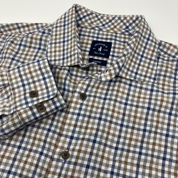 Johnnie-O Top Shelf Men's Large Button Down Shirt Brown Blue Plaid Preppy - Picture 1 of 7